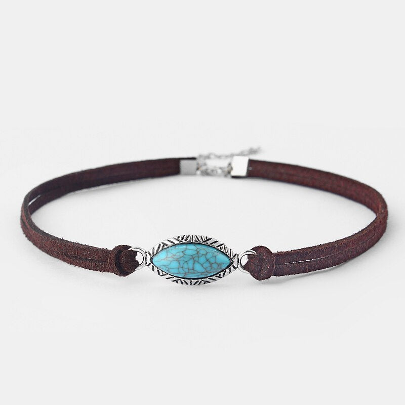 1PCS  Blue Stone Horse Eye Crackle Stone & Faux Korean Suede Leather Cord Adjustable Choker Necklace