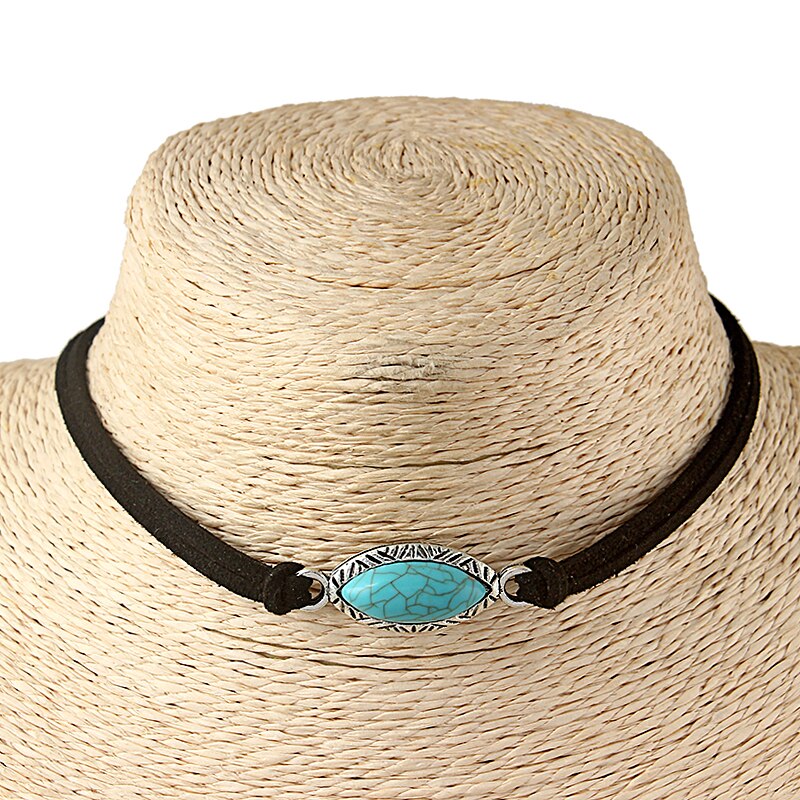 1PCS  Blue Stone Horse Eye Crackle Stone & Faux Korean Suede Leather Cord Adjustable Choker Necklace