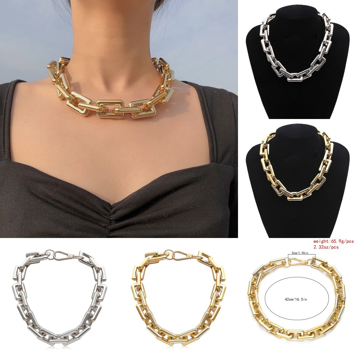 1PCS Punk Hip Hop Golden Metal Choker Necklace For Women Statement Necklaces Gothic Cuban Chunky Chain Charm Necklace