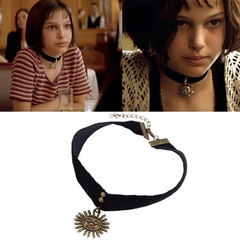 1PCs Vintage Women Gothic Leon The Professional Mathilda Necklace Girls Black Velvet Ribbon Retro Sun Shaped Choker Necklace