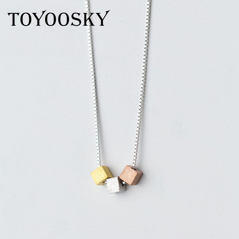 1Pc New 925 Silver Necklace Women Temperament Color Square Necklace Simple Geometry Sweet Cute Clavicle Chain Jewelry