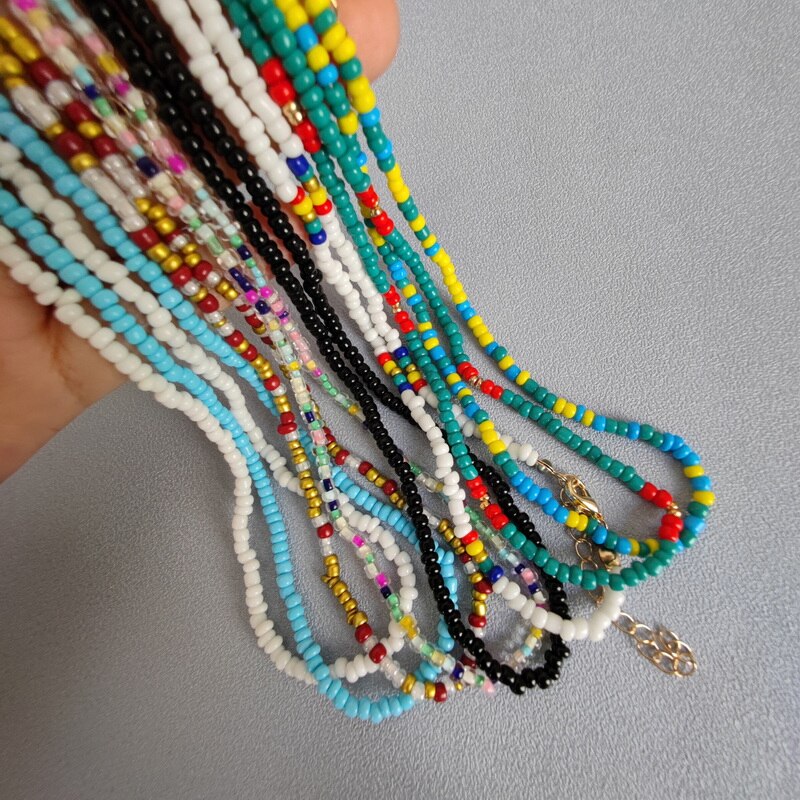 1Pc Simple Acrylic Seed Beads Strand Necklace Multi-color Beaded Elastic String Short Choker Necklace For Women Girls  Jewelry