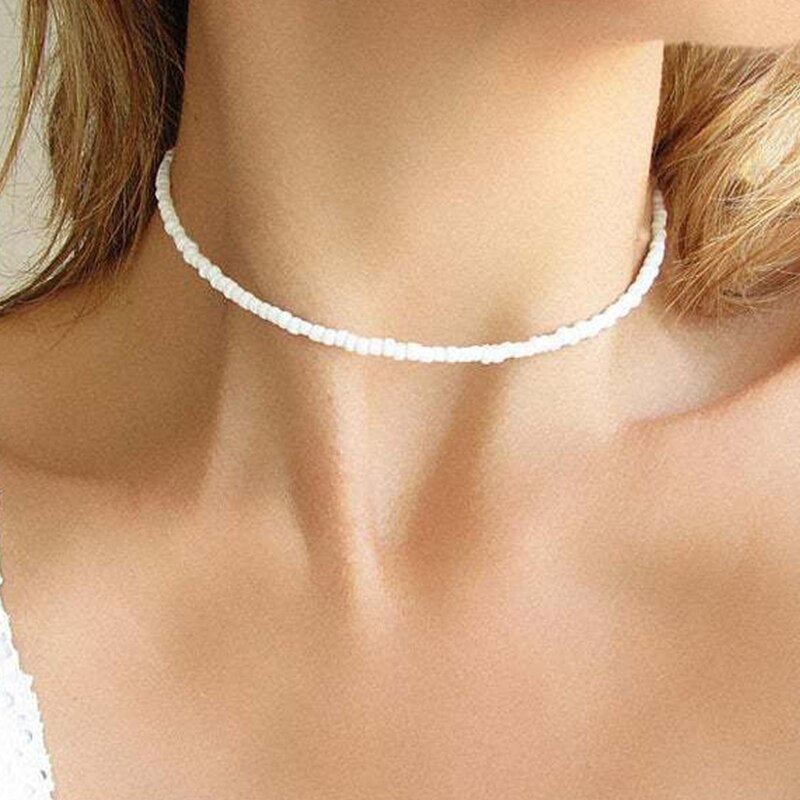 1Pc Simple Acrylic Seed Beads Strand Necklace Multi-color Beaded Elastic String Short Choker Necklace For Women Girls  Jewelry