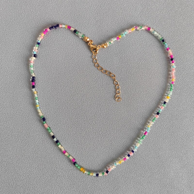 1Pc Simple Acrylic Seed Beads Strand Necklace Multi-color Beaded Elastic String Short Choker Necklace For Women Girls  Jewelry