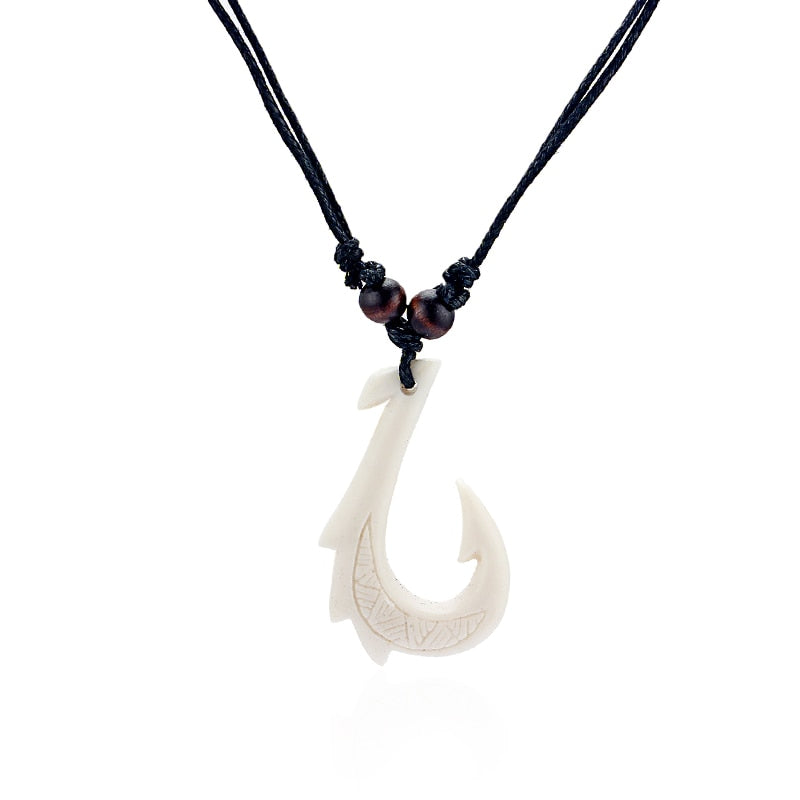 1Pcs White Resin Ethnic Tribal Maori Hook Pendant Necklace Imitation Yak Bone Charm Black Wax Cotton Cord Jewellery Adjustable