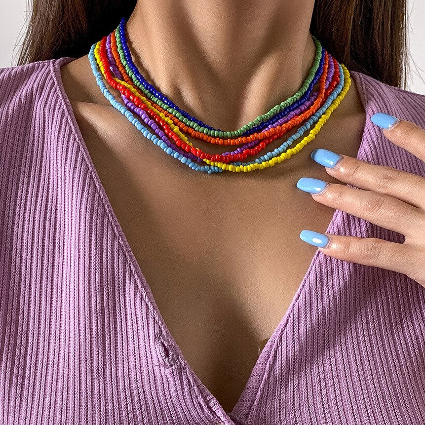 1Set Rainbow Color Rice Bead Small Round Beaded Chain Acrylic Necklace for Women Girls Handmade Jewelry Gifts