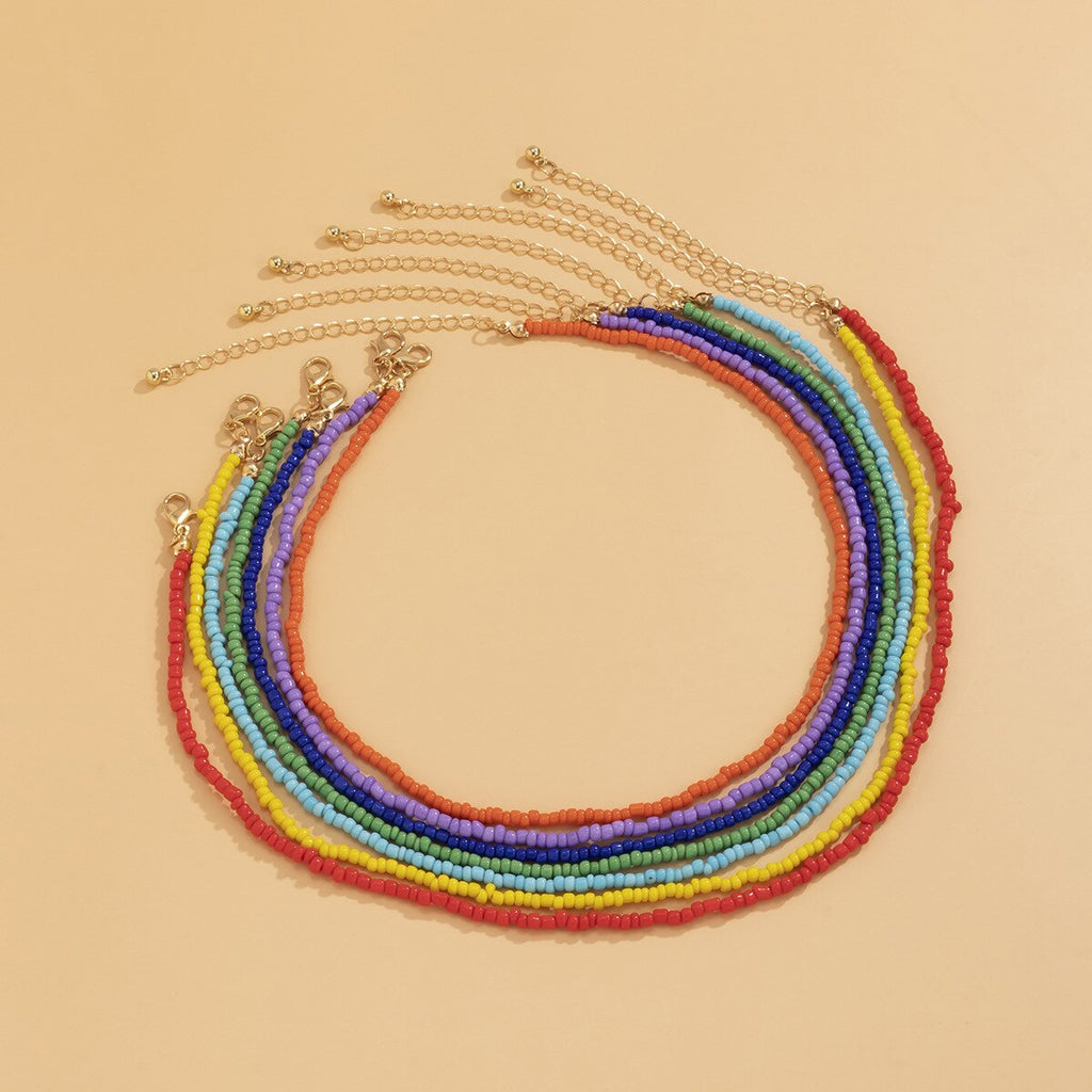 1Set Rainbow Color Rice Bead Small Round Beaded Chain Acrylic Necklace for Women Girls Handmade Jewelry Gifts