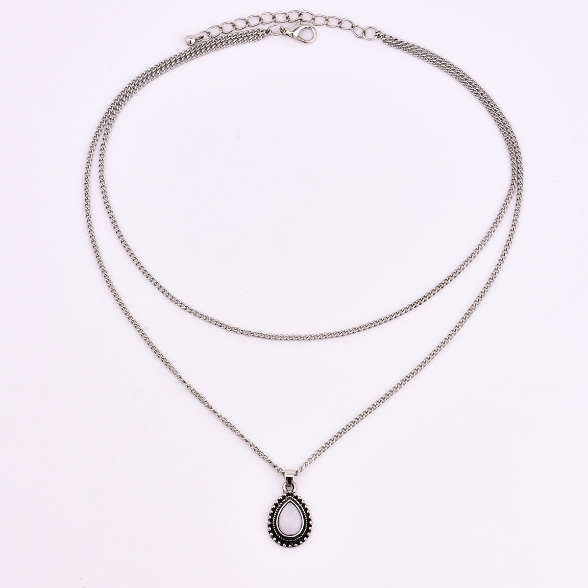 1lots=2pcs New vintage silver color drop stone pendant necklace women girl jewelry gifts N0045