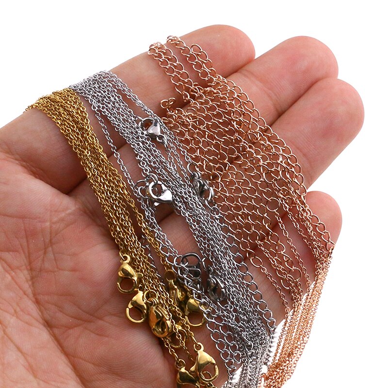 1mm 10pcs Stainless Steel Rose Gold Cut Rolo Link Cuban Chains Color 45+5CM long Necklaces choker Women/Men Pendant Bulk Sale