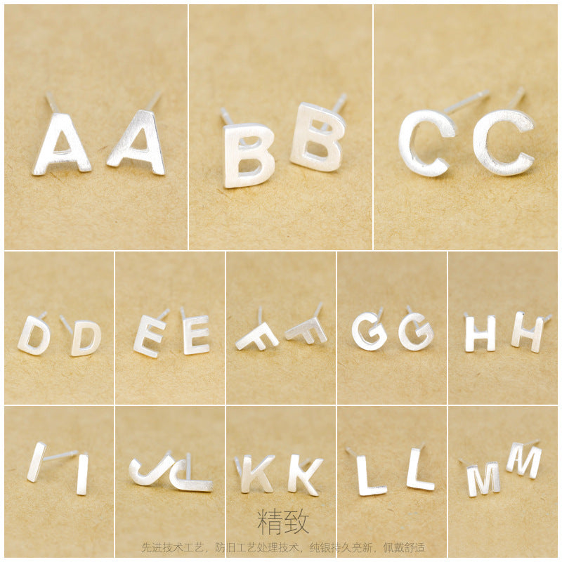 1pair 100% Genuine 925 Sterling Silver Matte 26 letters alphabet Earrings Stud 1Pair Plain Nickel free comfortable GTLE258