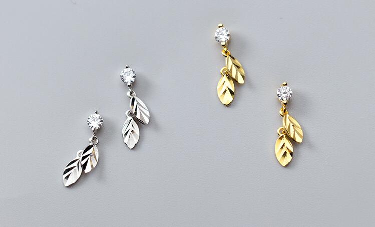 1pair Authentic Real 100% 925 Sterling Silver Fine Jewelry White CZ Leaf Branch Tassel dangle Earrings gtle2245