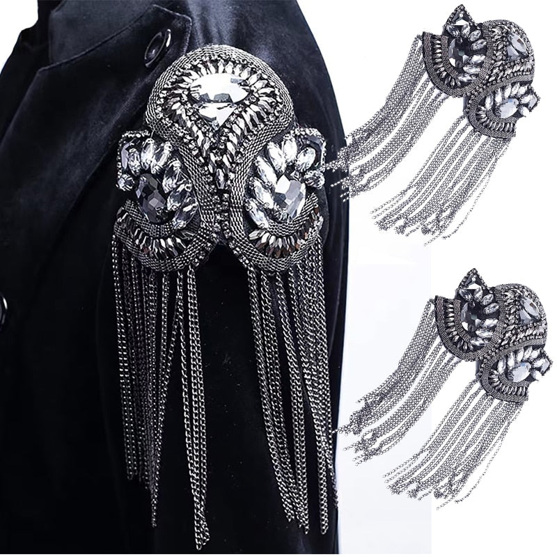 1pair Blazer Shoulder Beaded Tassel Chain Suit Epaulet Punk Fringe Tassel Rhinestones Shoulder Badge for Military Costume Party