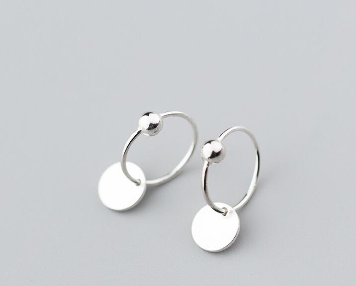 1pair REAL. 925 Sterling SIlver Fine Jewelry Open Circle &POLISHED/ Brushed Coin beads Geometric Hoop Huggie Earrings GTLE2230