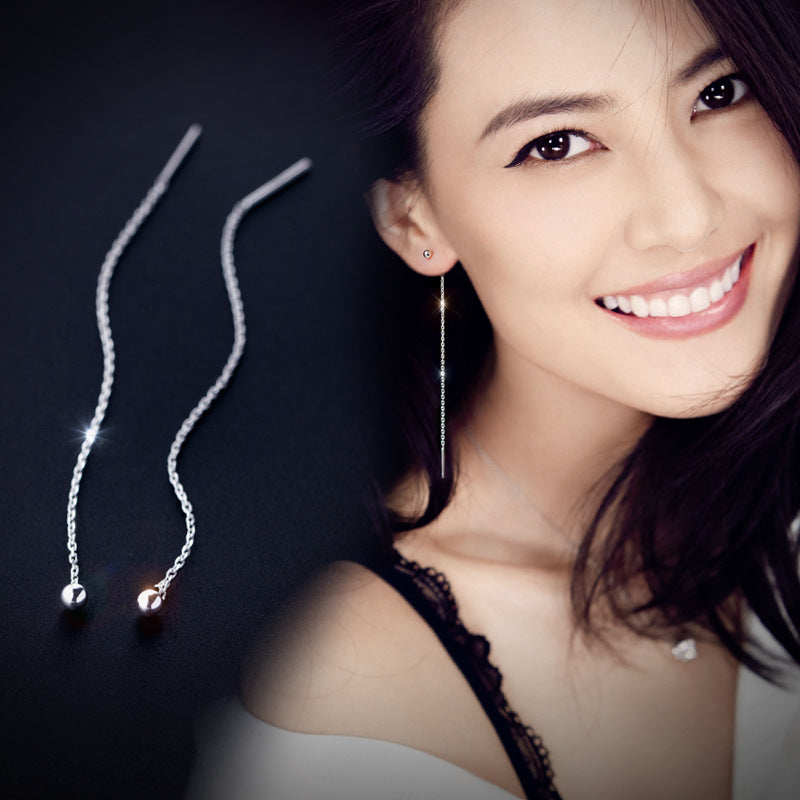 1pair Real. 925 STERLING SILVER Ear Pull Through Ball&Tassel Threader Earrings Long Charms Fine jewelEry for Women's GTLE564