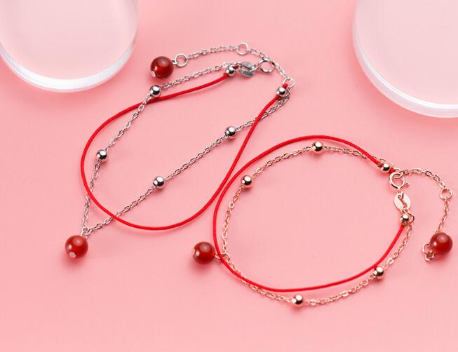 1pc 100% Authentic Real. 925 Sterling Silver Fine Jewelry Double Layers Red round Agate &Lucky Beads Chain Bracelet GTLS722
