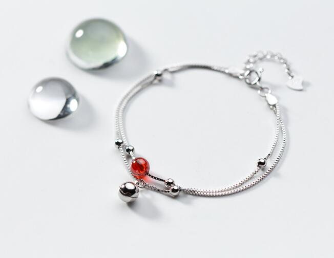 1pc 100% Real. 925 Sterling Silver Fine Jewelry Double rows Red bead& Polished Lucky round Bell Jinjle Chain Bracelet LS658
