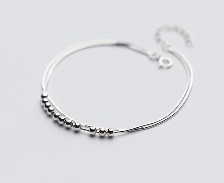 1pc 100% Real. 925 Sterling Silver Fine Jewelry Double rows round lucky bead Chain Bracelet LS659
