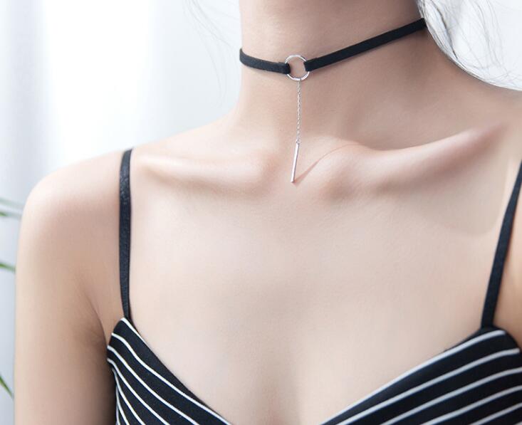 1pc 100% real 925 Sterling Silver Fine Jewelry Lucky Circle &Straight Bar Choker Short necklace Geometric GTLX1641
