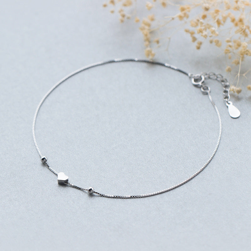 1pc 925 -Sterling -Silver heart&Beads chain bracelet Anklet adjustable LS269