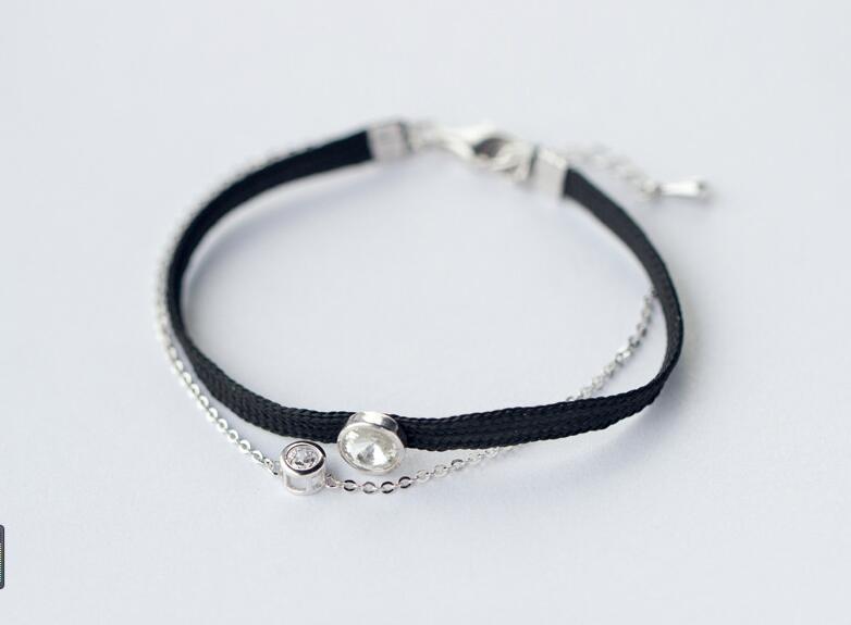 1pc 925 Sterling-Silver jewelry Delicate Rolo Chain & bLACK Cord Chain Bracelet with Round CZ Charm |Dainty Bridesmaid LS205