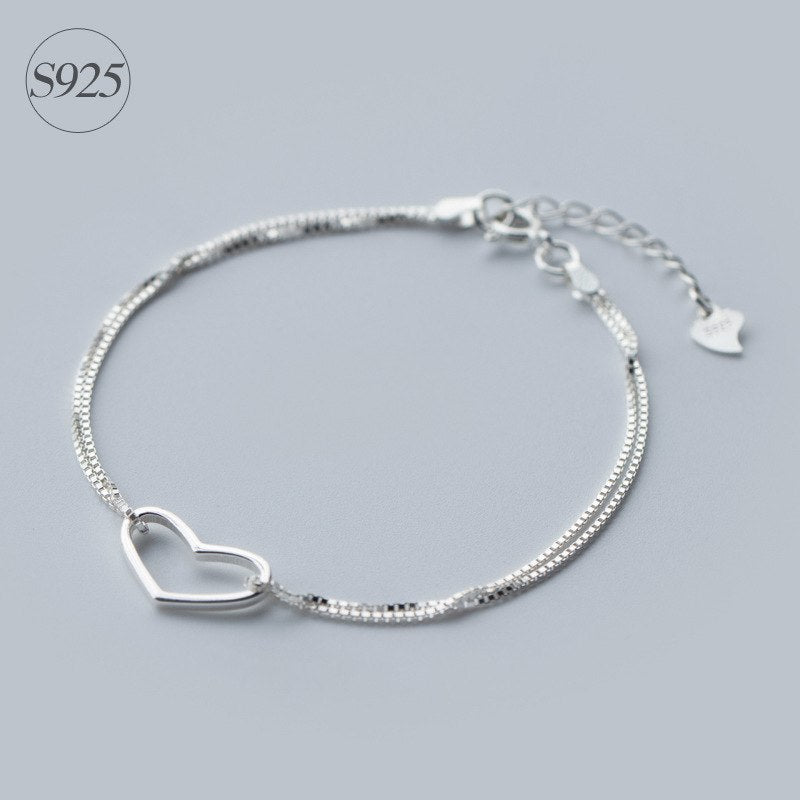 1pc 925 Sterling Silver jewelry Double LAYERS Open Heart chain bracelet adjustable 7.9INCH LS137