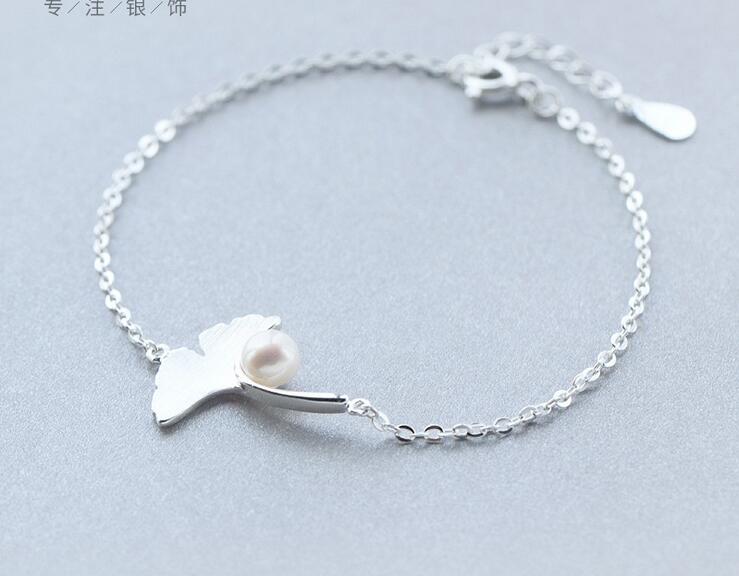 1pc 925 Sterling-Silver jewelry gingko gingkgo &White Round Pearl Chain Bracelet Charm LS207