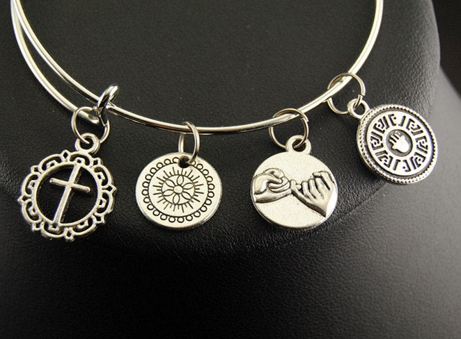 1pc Antique Silver Om Yoga Charms Hamsa Hand Eyes Namaste Expandable Wire Bangle Bracelet Jewelry Gift