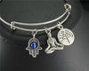 1pc Antique Silver Om Yoga Charms Hamsa Hand Eyes Namaste Expandable Wire Bangle Bracelet Jewelry Gift