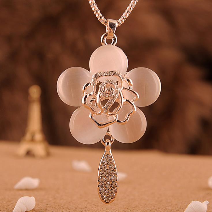 1pc Charming Alloy Crystal Opal Rose Pendant Long Necklace Sweater Chain Fine Jewelry Gift
