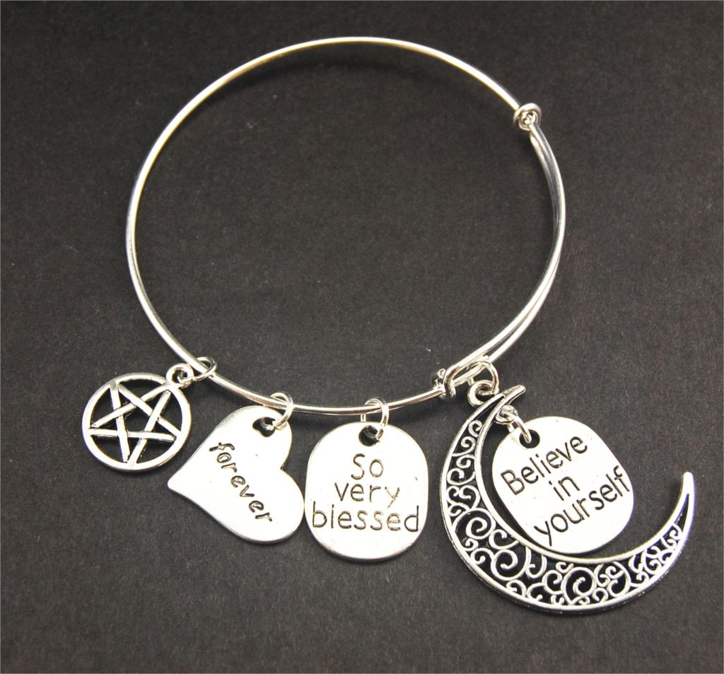 1pc Copper Bangles Expandable Wireing Fashion believe in yourself Forever Love Heart Charm Silver Bracelets