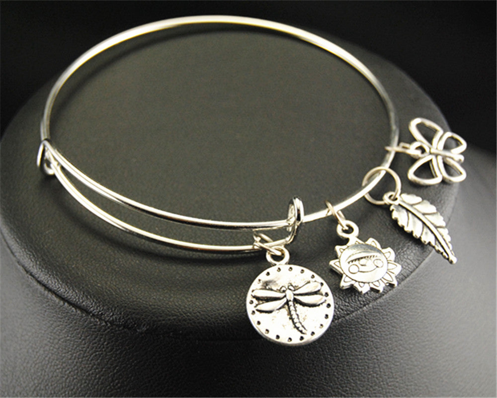 1pc Dragonfly Sun Leaf Butterfly Nature Charm Wire Wraped Adjustable Expandable Bangle Jewelry Bracelets E146