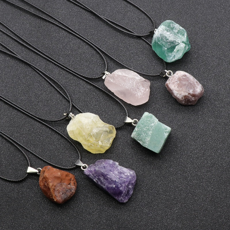 1pc Healing Nugget Mineral Stone Pendulum Natural Agates Amethysts Labradorite Fluorite Quartz Pendant Necklace Choker Women Men