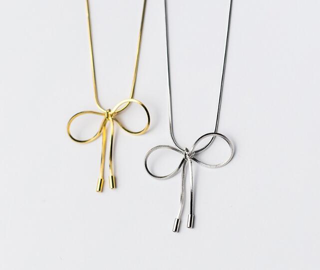 1pc Hollow Butterfly knot/ Bowknot Pendant Snakebone Chain Necklace 100% Real. 925 Sterling Silver Fine Jewelry GTLX1566