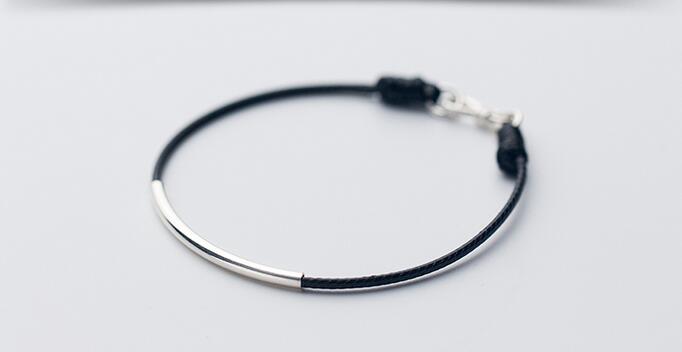 1pc Men's Women's 100% Real. 925 Sterling Silver Jewelry Tube Arch Bar Black Red Cord Chain Bracelet for couples' GTLS472