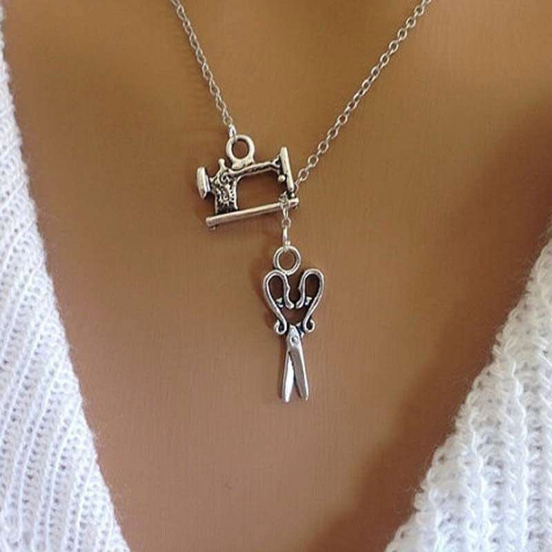 1pc Sewing Machine Necklace With Scissor Short Long Choker Charms Silver Color Seamstress Jewelry Mother&#39;s Day Gift