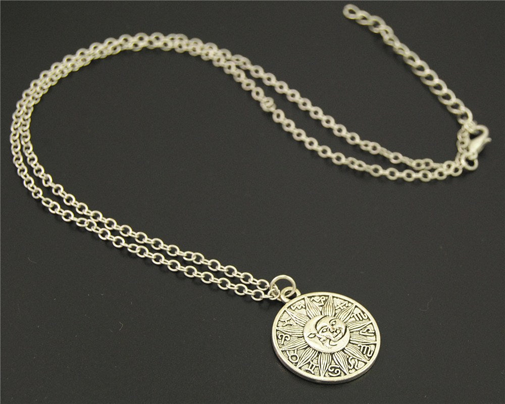 1pc Silver Astrology Medallion Celestial Pendant Necklace Handmade Long Chain Jewellery E738