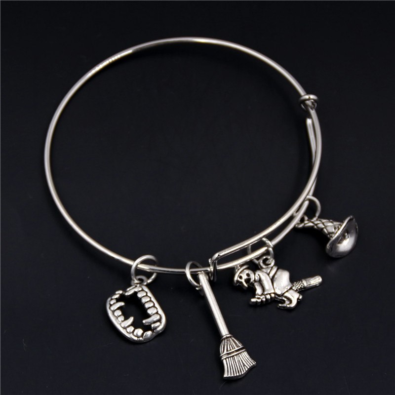 1pc Silver Halloween Gift Ghost Broom Witch Pumpkin Charms Adjustable Wire Wrapped Bangle Bracelet Halloween Spirit