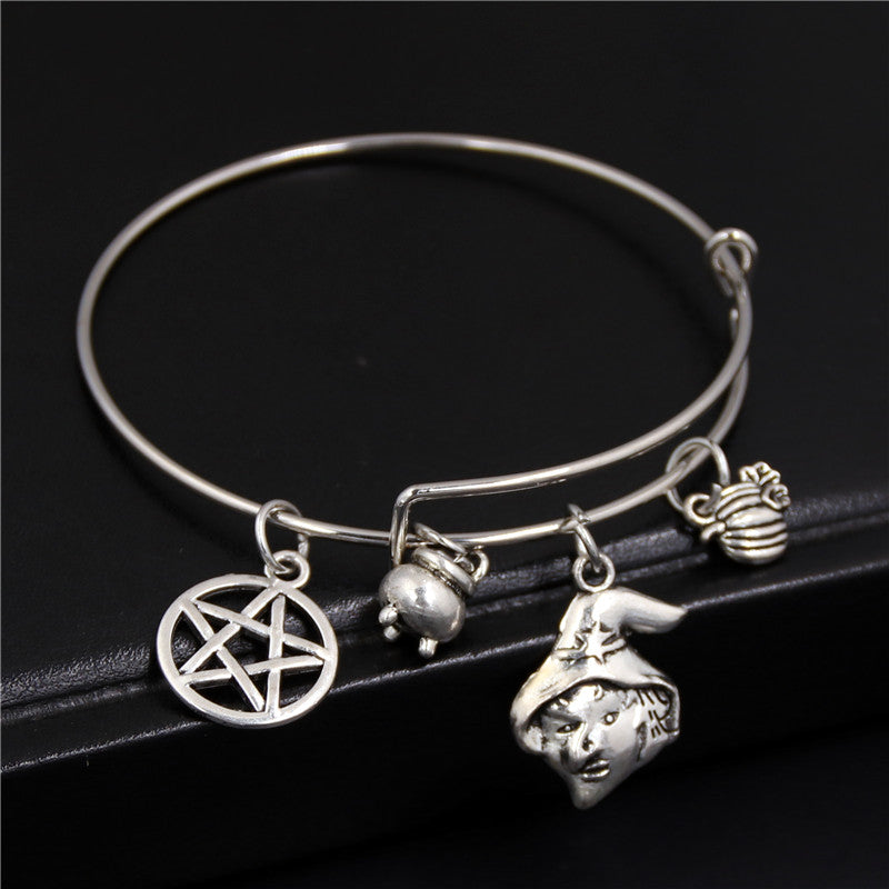 1pc Silver Halloween Gift Ghost Broom Witch Pumpkin Charms Adjustable Wire Wrapped Bangle Bracelet Halloween Spirit