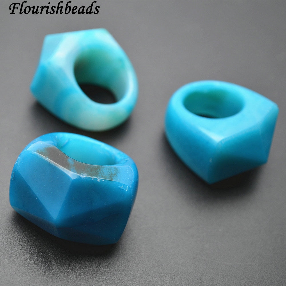1pc Surface Pyramid Cutting Blue Agate Stone Band Rings Big Size Fashion Jewelry