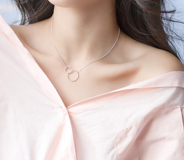 1pc(Thin) Interlocking Double Smaller&Bigger Circle of life Geometric Necklace 100% Real. 925 Sterling Silver Fine Jewelry X1519