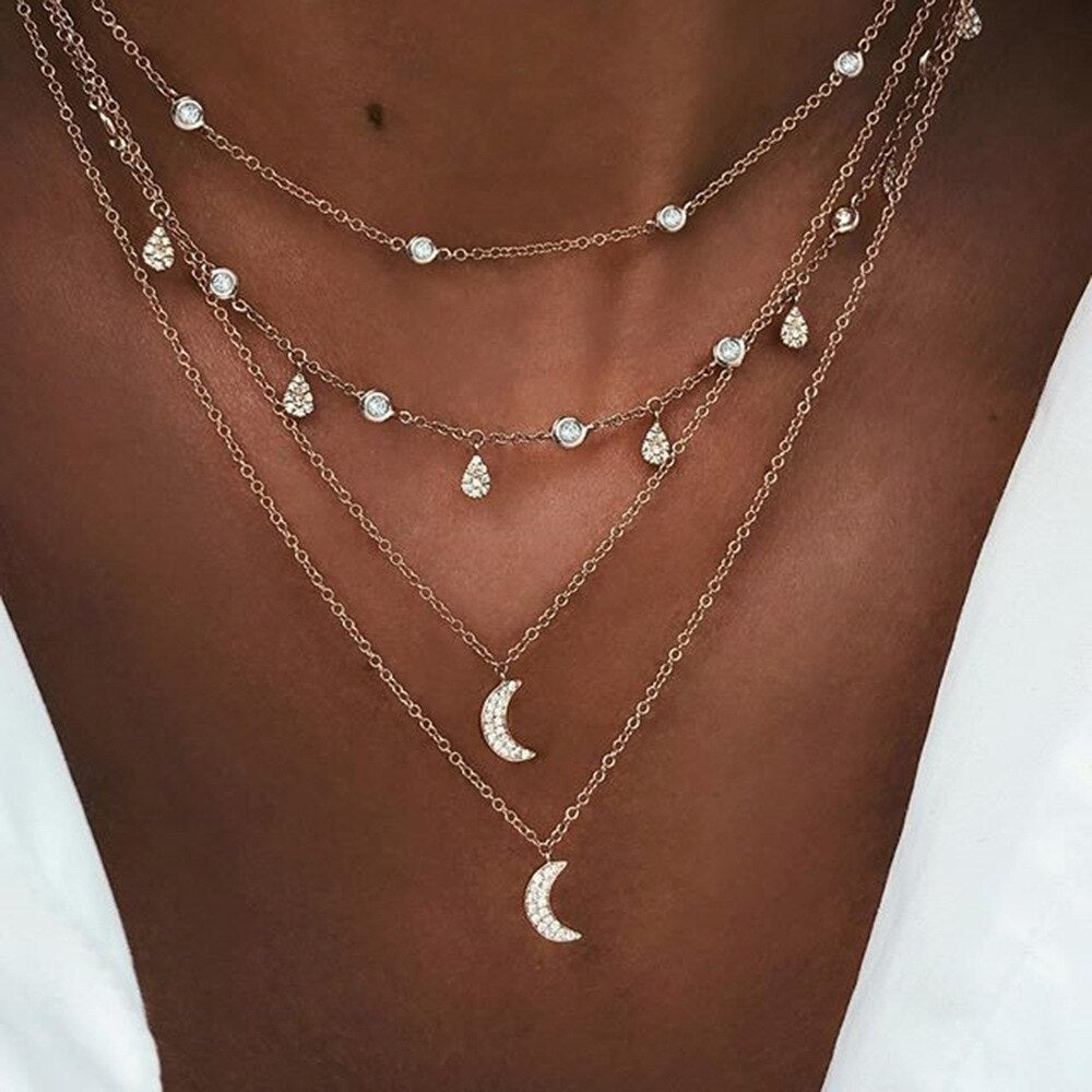 1pc Vintage Gold Necklace For Women Multilayer Chain Crystal Moon Pendant Charm Necklace Ethnic Choker Anniversary Party Jewelry