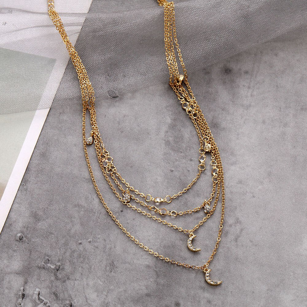 1pc Vintage Gold Necklace For Women Multilayer Chain Crystal Moon Pendant Charm Necklace Ethnic Choker Anniversary Party Jewelry