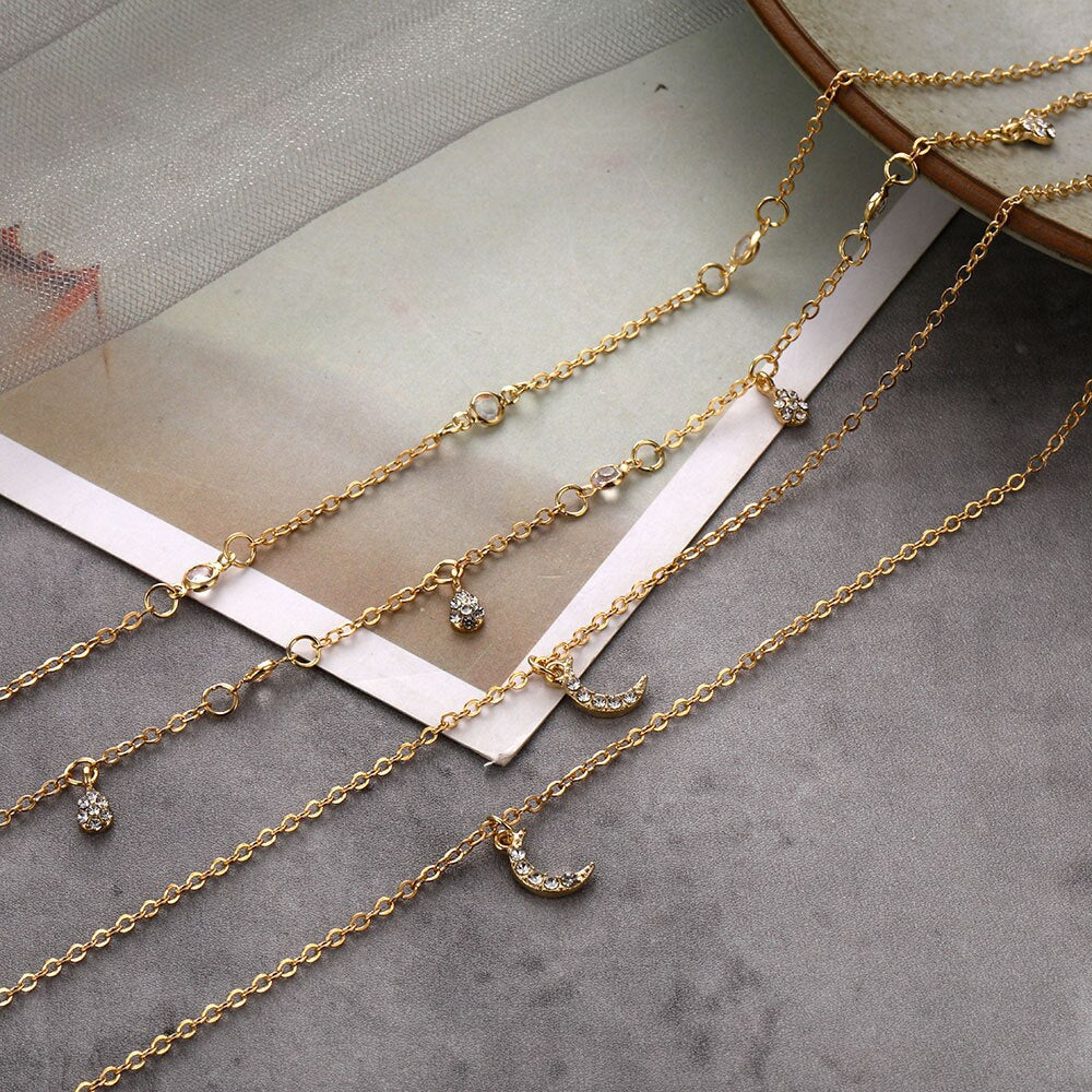1pc Vintage Gold Necklace For Women Multilayer Chain Crystal Moon Pendant Charm Necklace Ethnic Choker Anniversary Party Jewelry