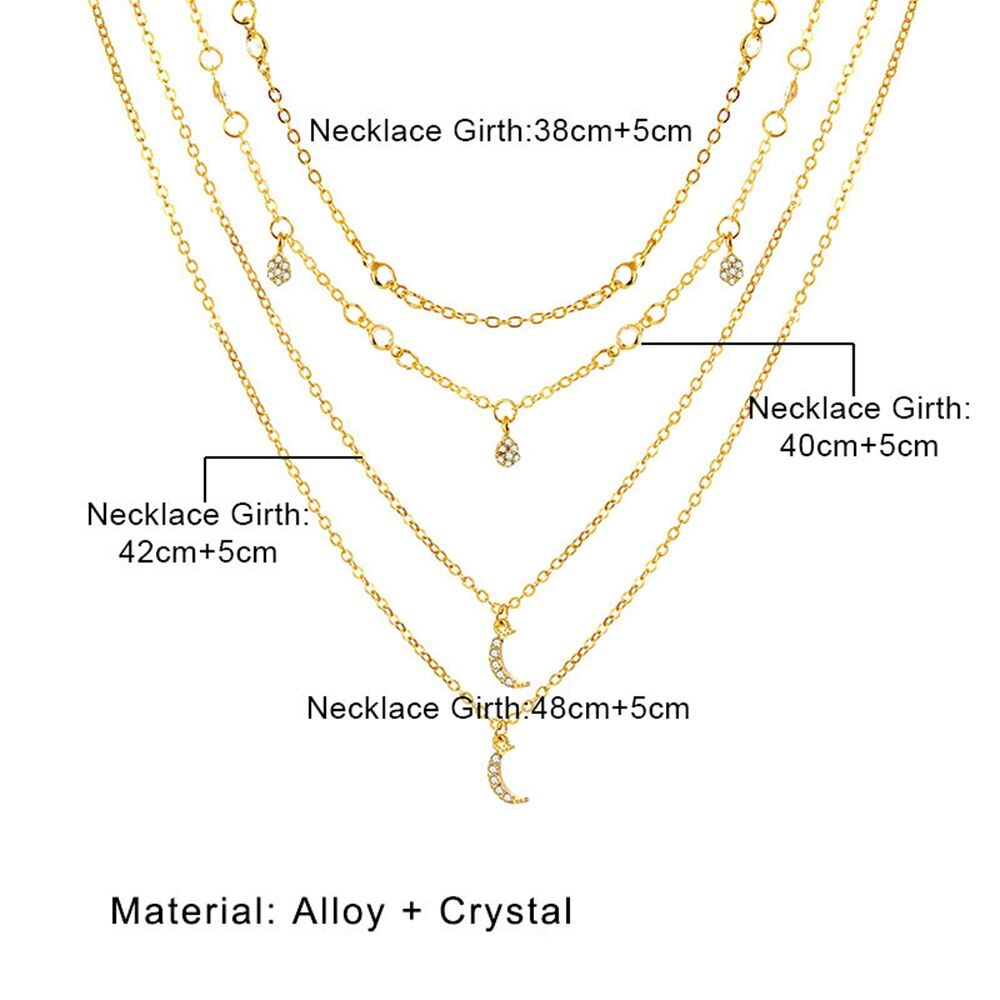 1pc Vintage Gold Necklace For Women Multilayer Chain Crystal Moon Pendant Charm Necklace Ethnic Choker Anniversary Party Jewelry