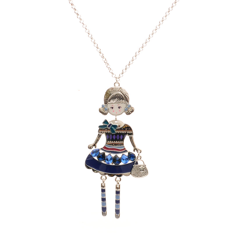 1pc silver plated Drop glaze Enamel crystal Bohemia beautiful dress cute little girl doll pendant long chain necklace for women
