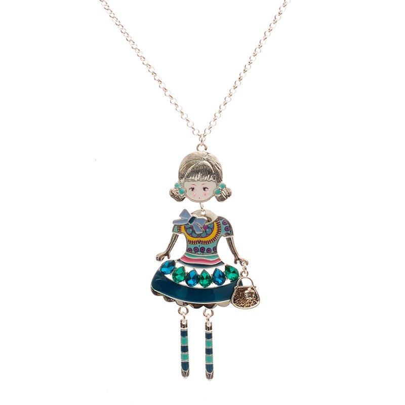 1pc silver plated Drop glaze Enamel crystal Bohemia beautiful dress cute little girl doll pendant long chain necklace for women