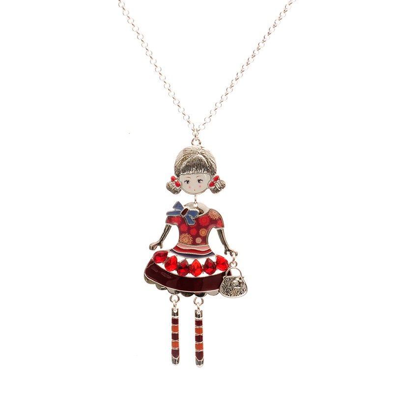 1pc silver plated Drop glaze Enamel crystal Bohemia beautiful dress cute little girl doll pendant long chain necklace for women