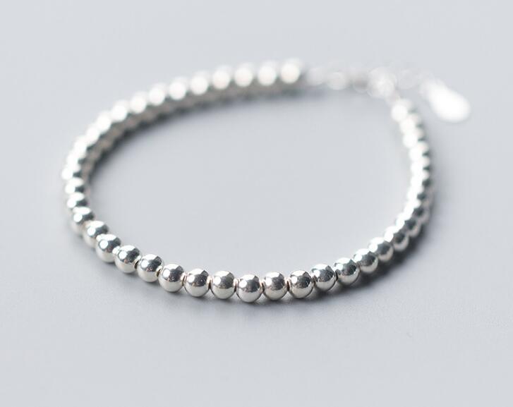1pc women men's 100% Real. 925 Sterling Silver Fine Jewelry 4mm pOLISHED Round Beads Charms Chain Bracelet GTLS526