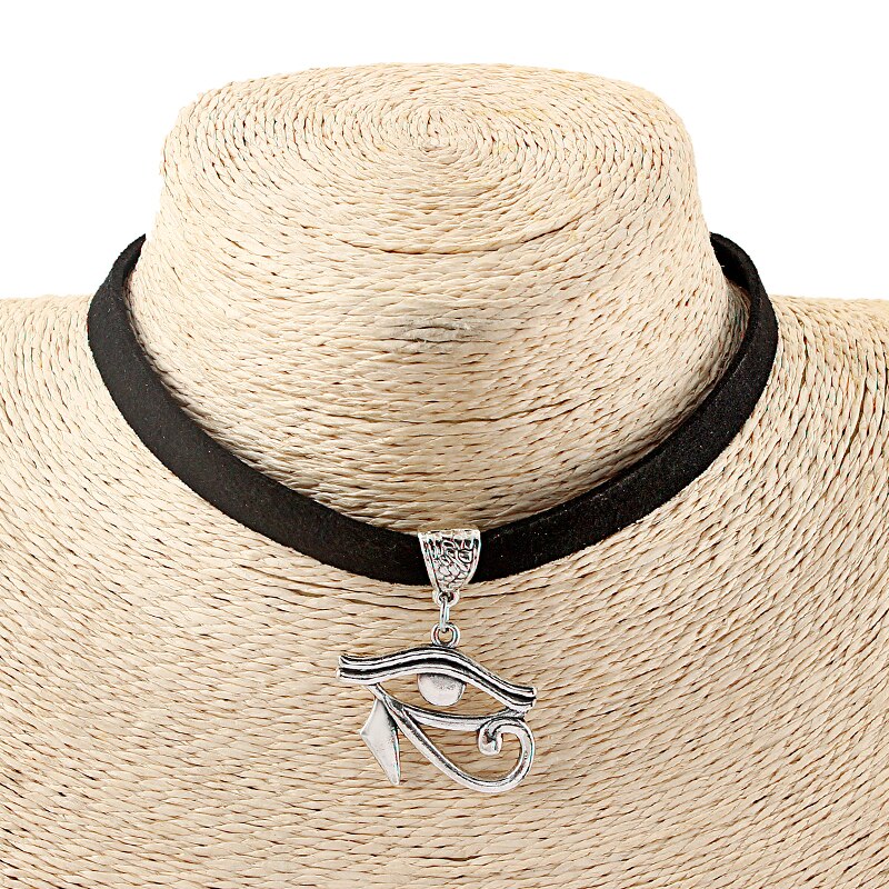 1pcs Black Flat Faux Suede Cord Eye of Horus Ra Charms Pendants Choker Necklace Jewelry 13inchs