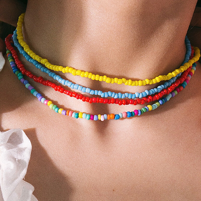 1pcs   Candy Color  Bohemian Handmade Rainbow Beads Choker NecklaceBead Satellite Necklace Women Jewelry Necklaces